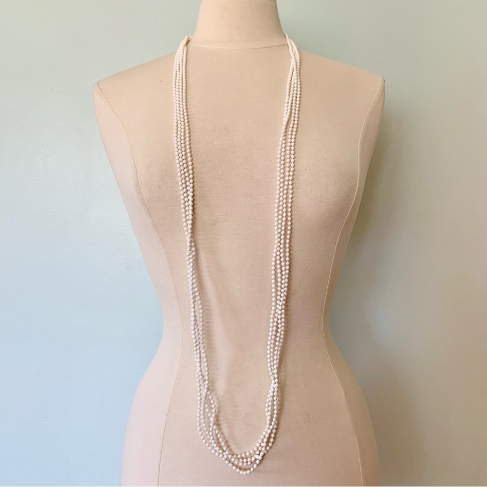 Vintage Very Long Small White Beads Four Strand Necklace